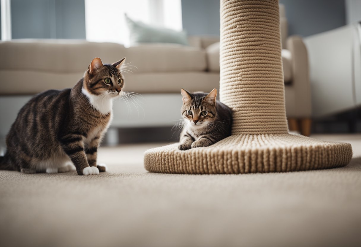 A cat scratching post stands beside a carpeted area. A cat is shown using the post, while another cat is gently redirected away from the carpet